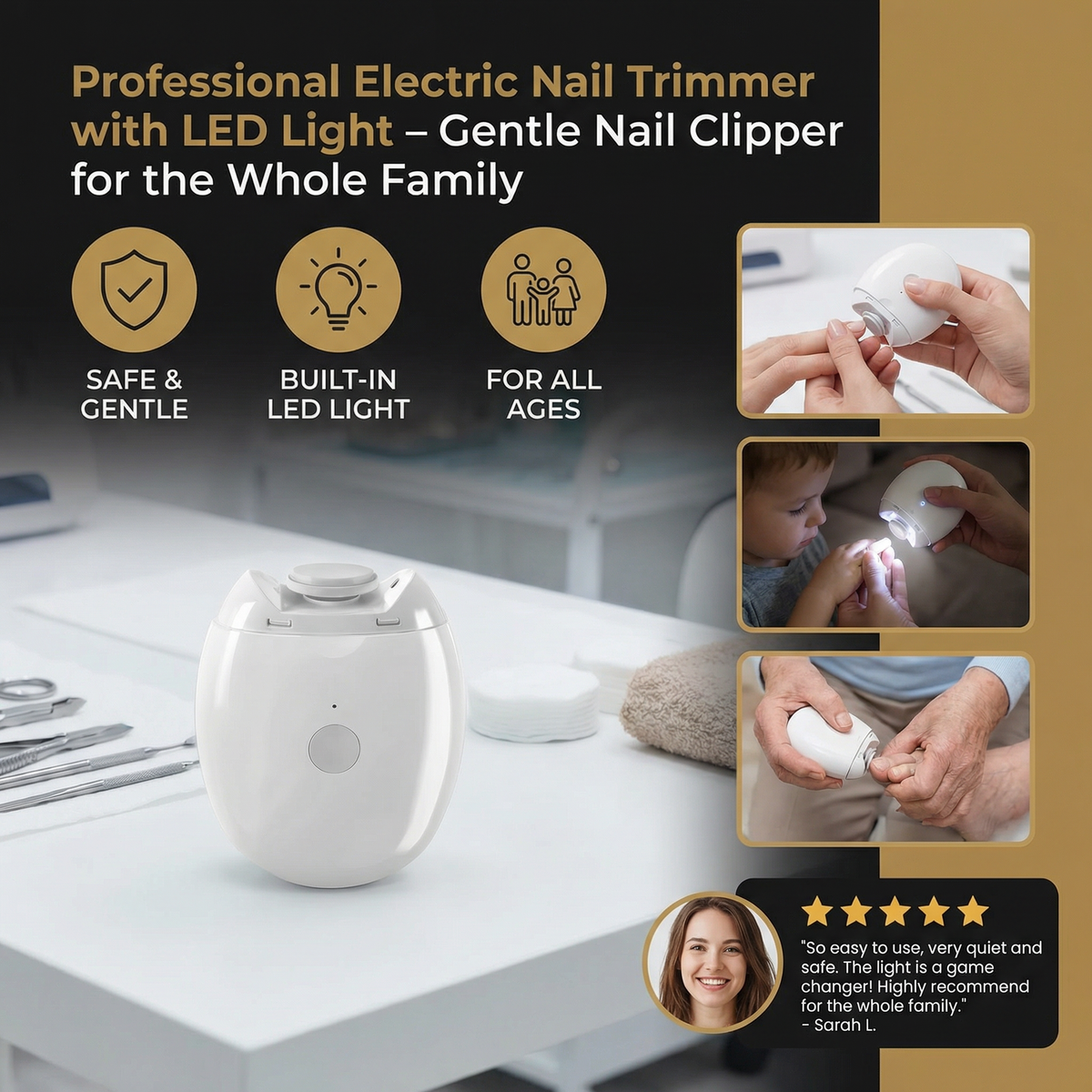 Professional Electric Nail Trimmer with LED Light – Gentle Nail Clipper for the Whole Family
