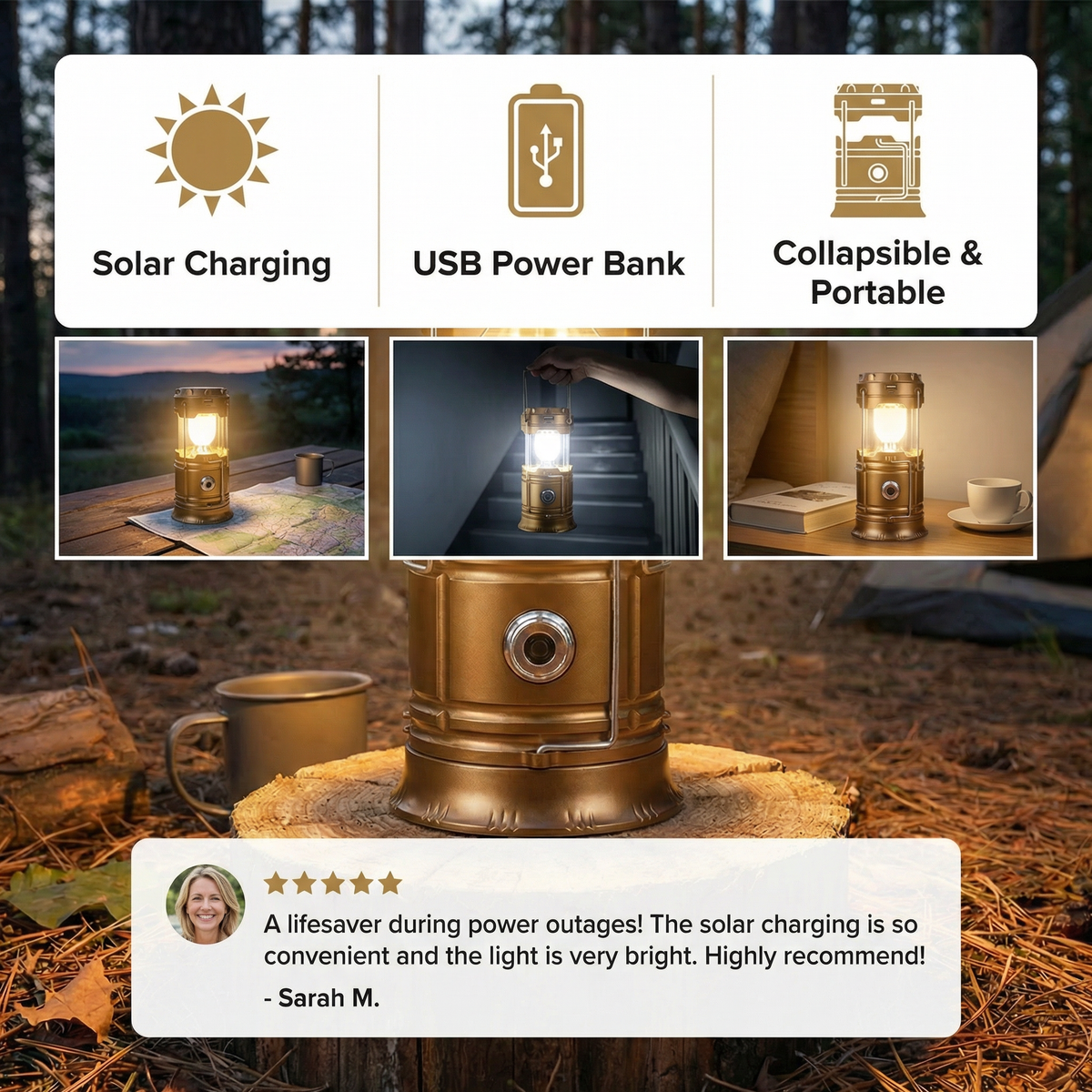 Rechargeable Solar Lantern with USB – Portable LED Light for Outdoor and Emergencies
