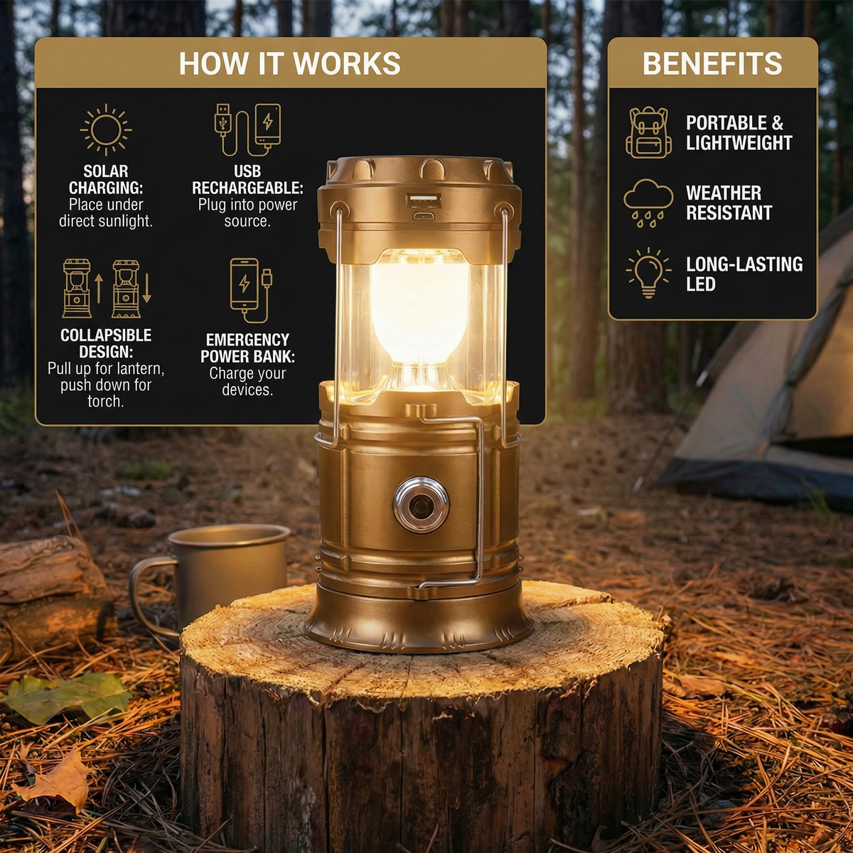 Rechargeable Solar Lantern with USB – Portable LED Light for Outdoor and Emergencies