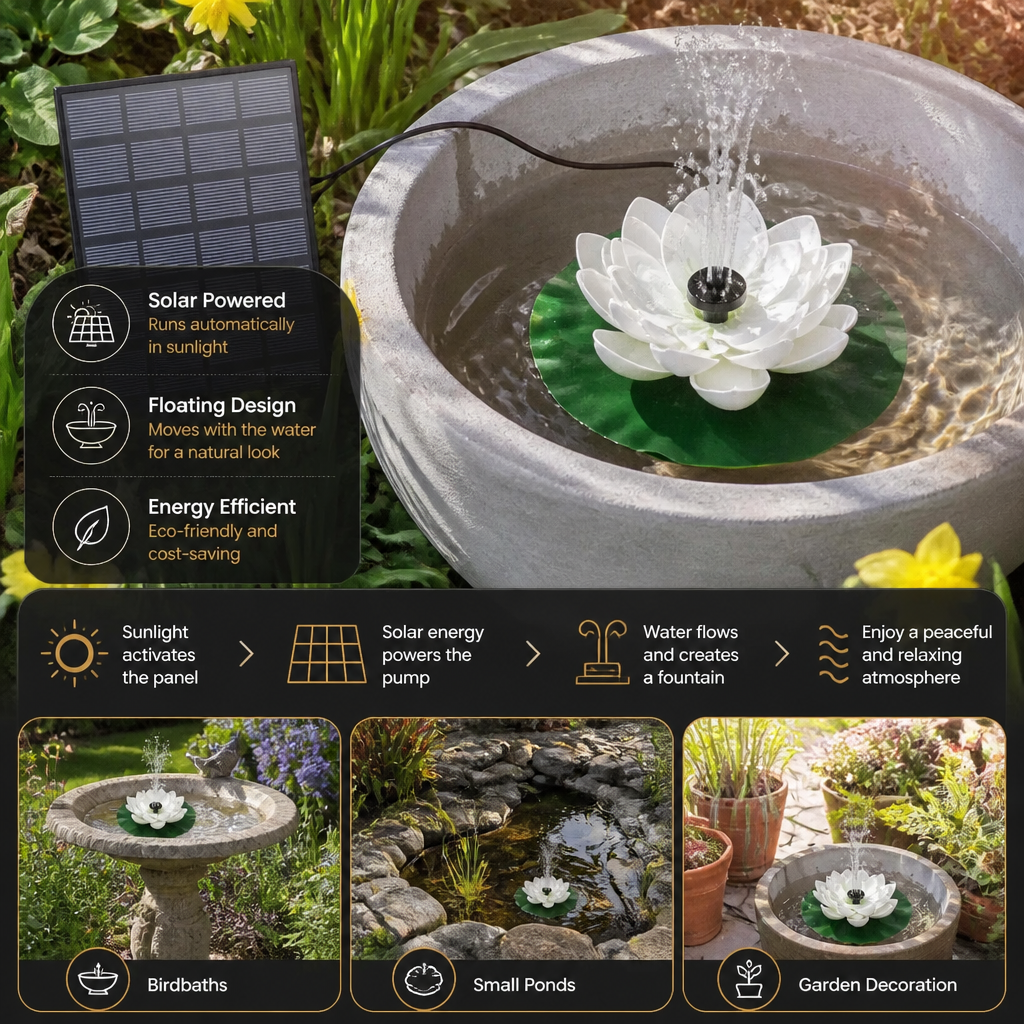 Solar-Powered Lotus Fountain – Floating Garden Fountain for Pool & Pond