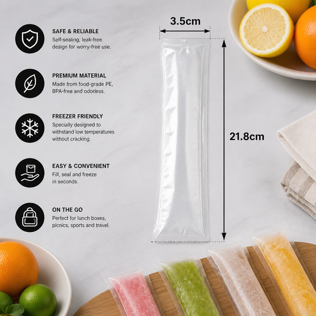 Practical DIY Ice Pop Bags (100 Pieces) – Self-Sealing Disposable Molds for Homemade Ice Sticks