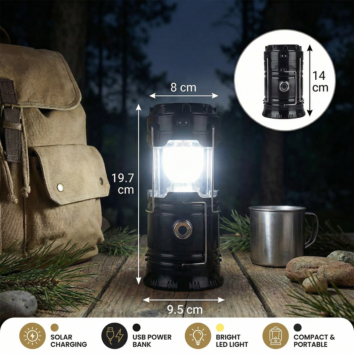 Rechargeable Solar Lantern with USB – Portable LED Light for Outdoor and Emergencies
