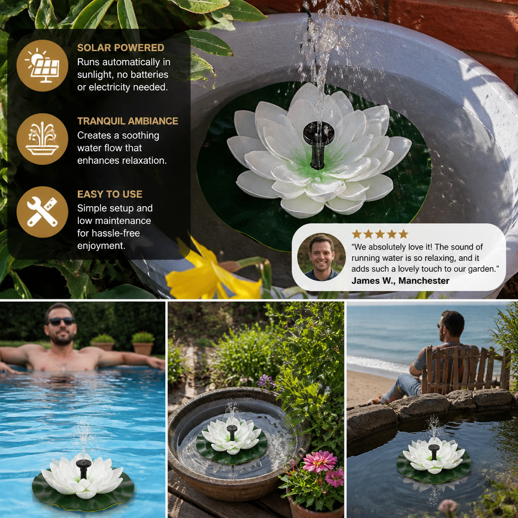 Solar-Powered Lotus Fountain – Floating Garden Fountain for Pool & Pond