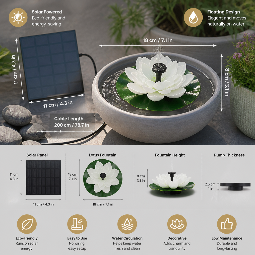 Solar-Powered Lotus Fountain – Floating Garden Fountain for Pool & Pond