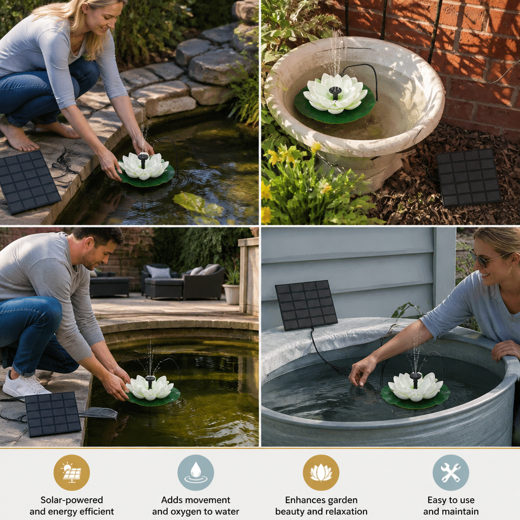 Solar-Powered Lotus Fountain – Floating Garden Fountain for Pool & Pond