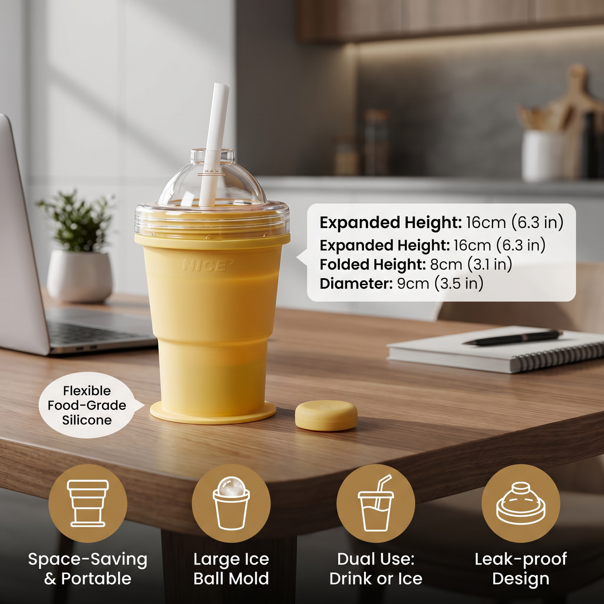 2-in-1 Ice Cube Cup – Foldable, with Straw & Silicone Mold for On-the-Go Use