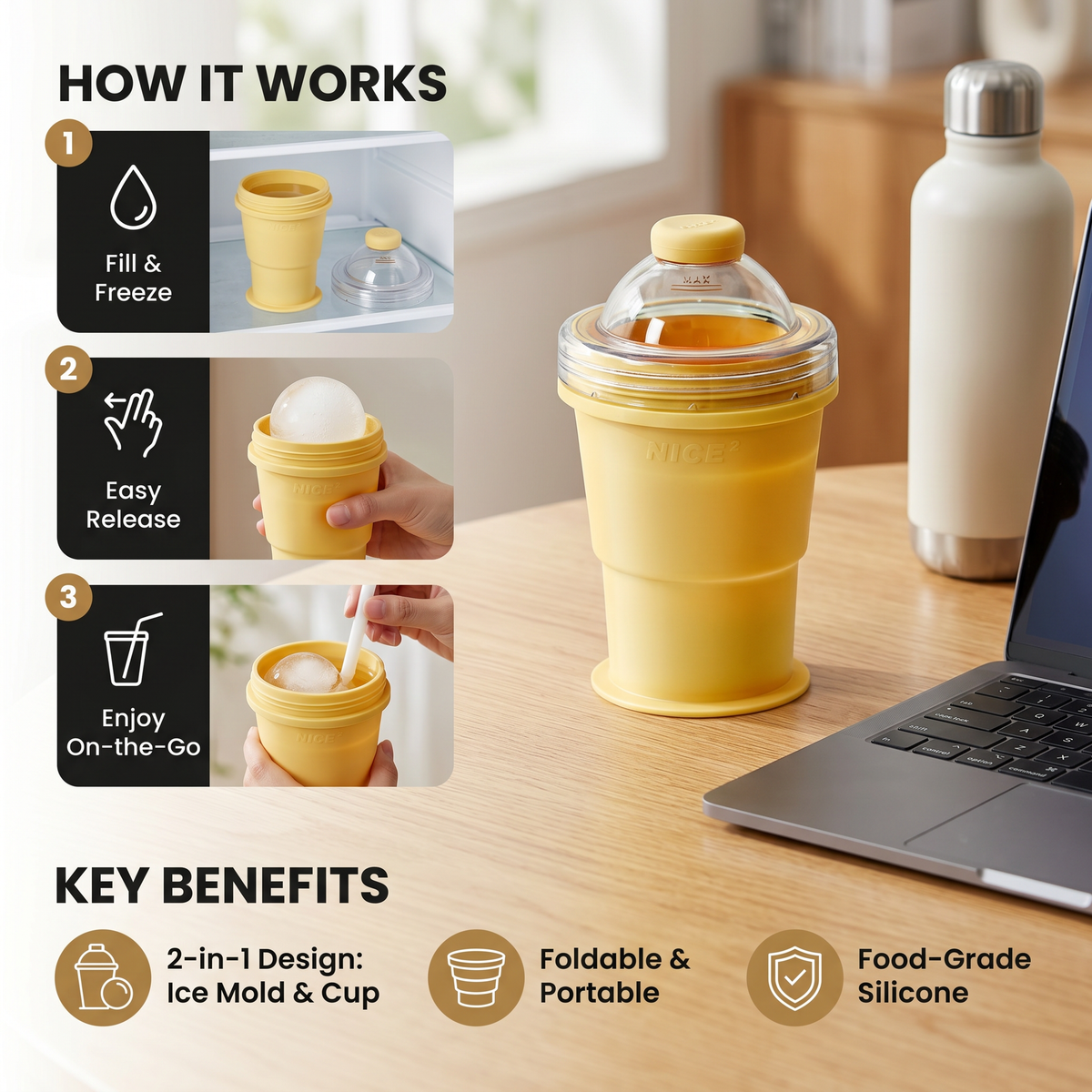 2-in-1 Ice Cube Cup – Foldable, with Straw & Silicone Mold for On-the-Go Use