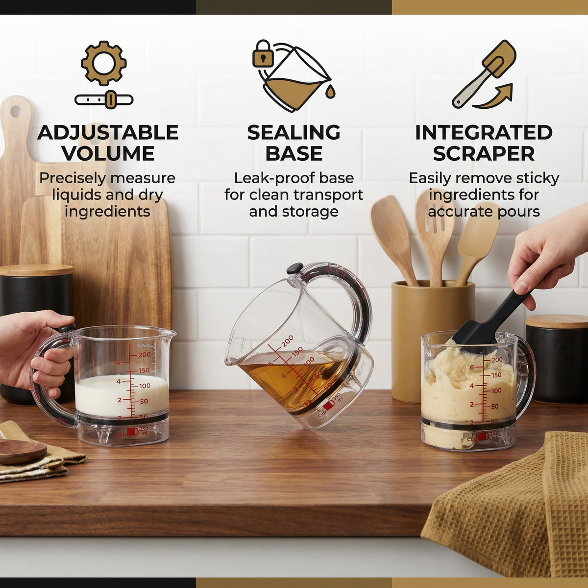 Adjustable Measuring Cup – Multifunctional Kitchen Tool with Scraper and Sealing Base