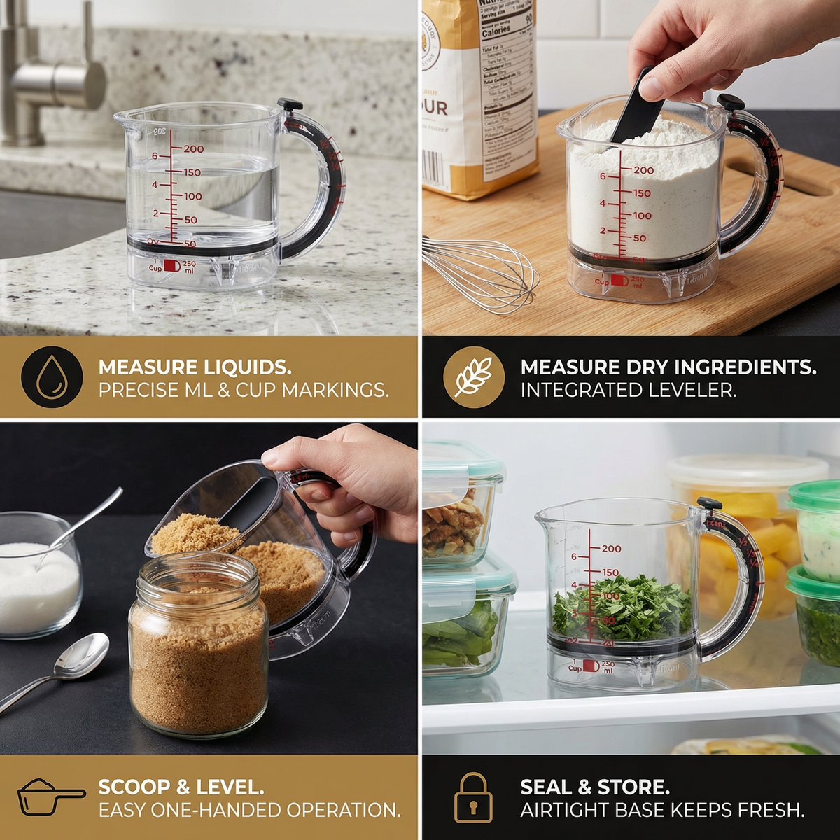 Adjustable Measuring Cup – Multifunctional Kitchen Tool with Scraper and Sealing Base