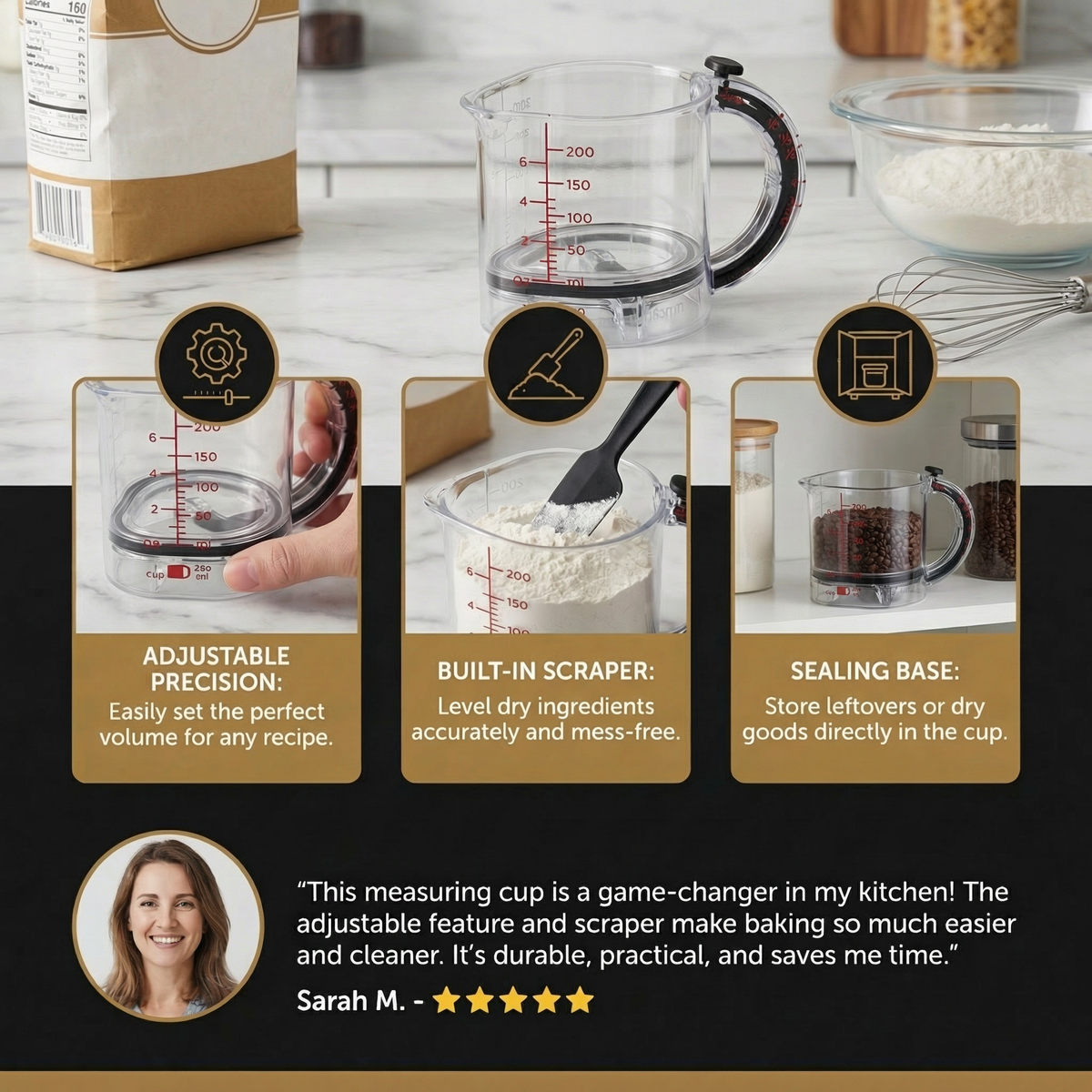 Adjustable Measuring Cup – Multifunctional Kitchen Tool with Scraper and Sealing Base