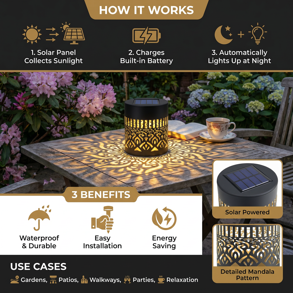 Colorful Solar Mandala Garden Light – Waterproof Outdoor LED Wall Projection Lantern